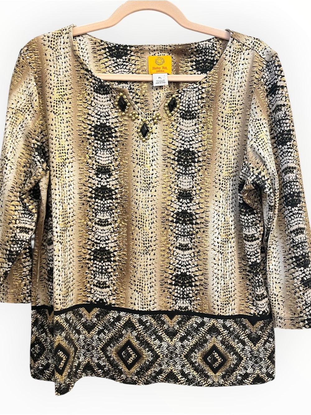 Ruby Rd. Petite Embellished Animal Print 3/4 Sleeve Top | PL